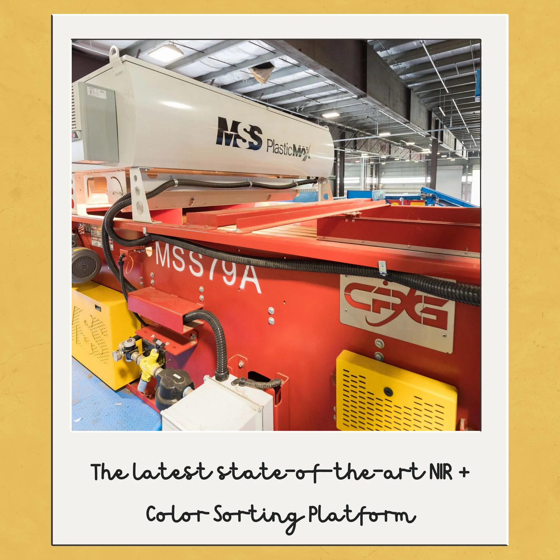 A historical photo of an orange PlasticMax machine in a MRF