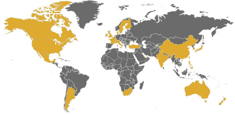 Yellow International map with colors to represent global work relationships