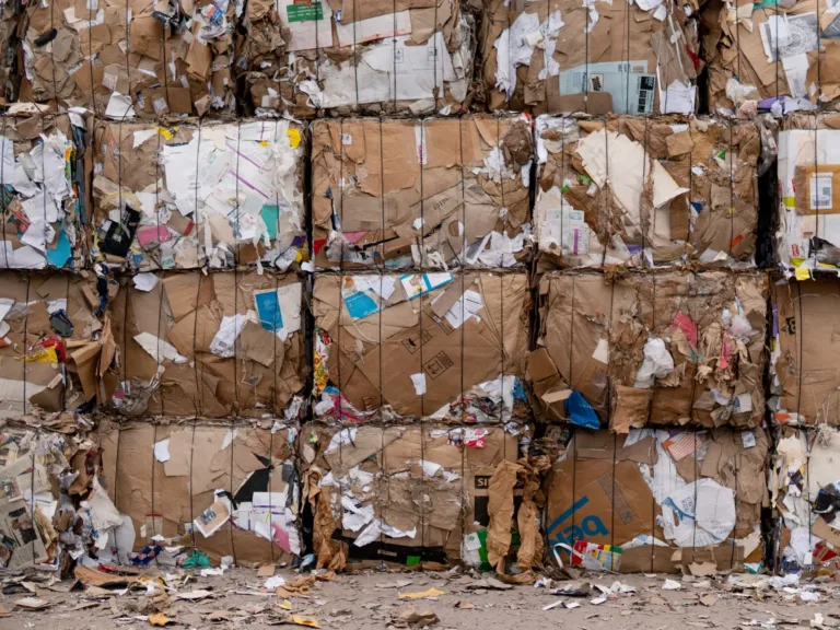 Fiber bale stacks outside of a recycling facility