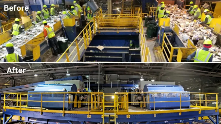 A Before and After Case study image of workers being replaced by two new recycling equipment units
