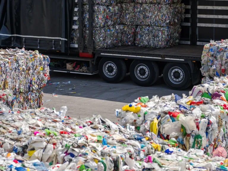 A view of plastic bales of recycling with a truck in the background