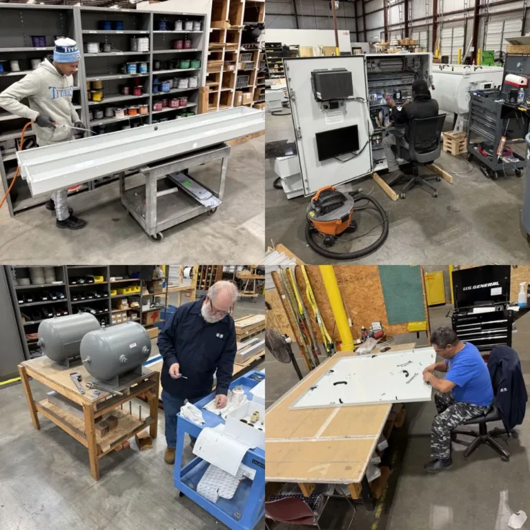 A collective group of pictures of employees working in a optical sorting warehouse