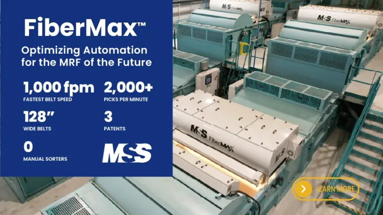 Teal FiberMax automated conveyors and sorting machines in a recycling MRF, with a blue panel listing key performance stats.