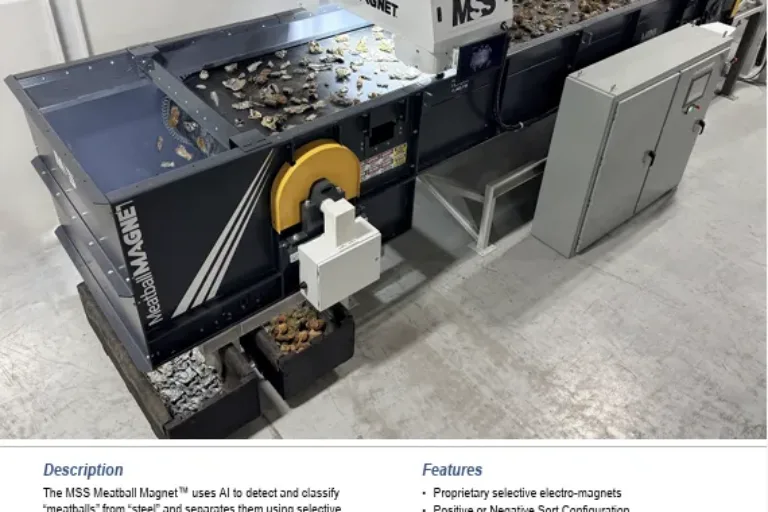 Industrial MSS MeatballMAGNET conveyor with overhead magnet module separating metal debris into collection bins beside a control cabinet