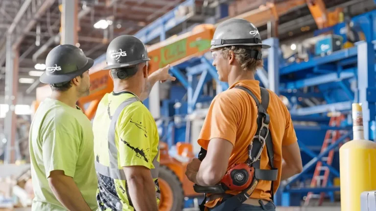 Three worker men in hard hats pointing to a MRF