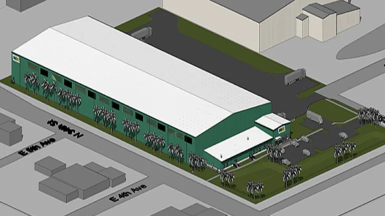 Isometric 3D rendering of a large green warehouse with a white roof, palm trees along its perimeter, parking area and surrounding roads.