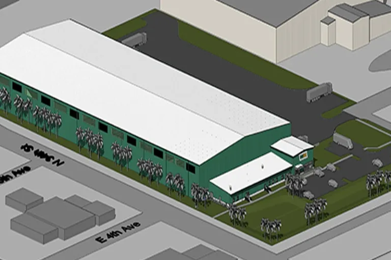 Isometric 3D rendering of a large green warehouse with a white roof, palm trees along its perimeter, parking area and surrounding roads.
