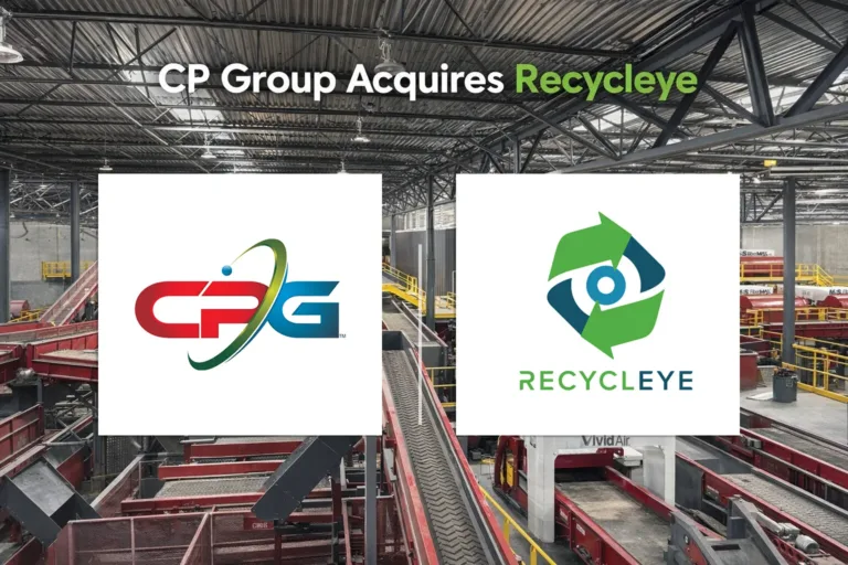 CP Group Acquires Recycleye headline with CPG logo left and Recycleye eye-and-arrow logo right over a recycling plant.