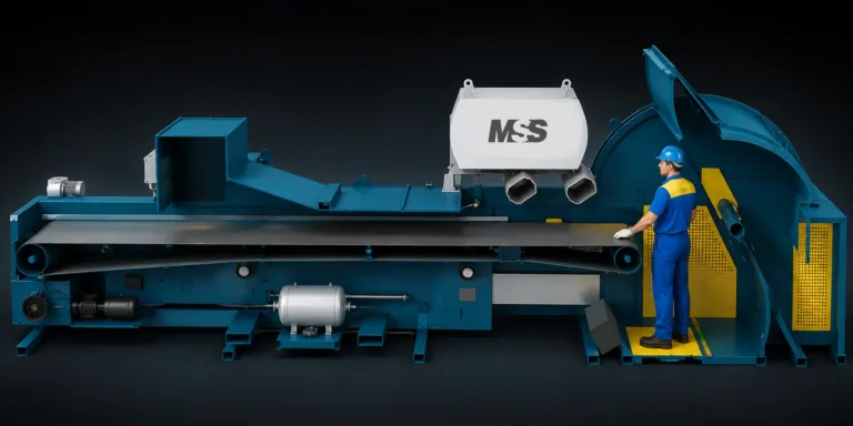 Worker in blue coveralls and hard hat stands at a long blue industrial conveyor machine with a white MSS hopper overhead
