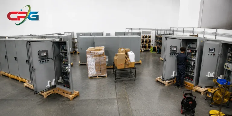 Rows of gray electrical control cabinets on pallets in a warehouse, a technician working on an open panel and stacked boxes.