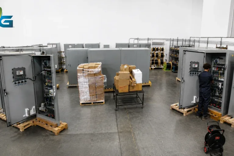 Rows of gray electrical control cabinets on pallets in a warehouse, a technician working on an open panel and stacked boxes.