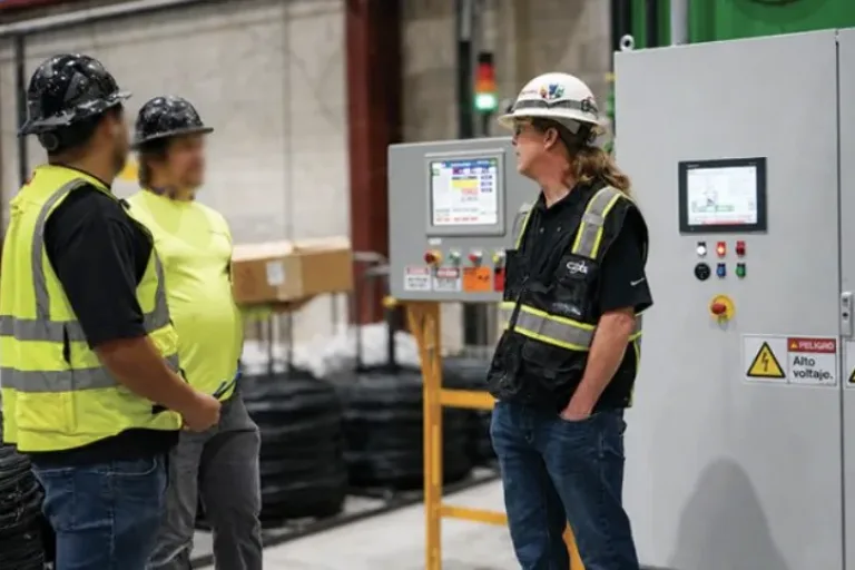Three workers in hard hats and high-visibility vests standing beside industrial control panels with electrical warning signs
