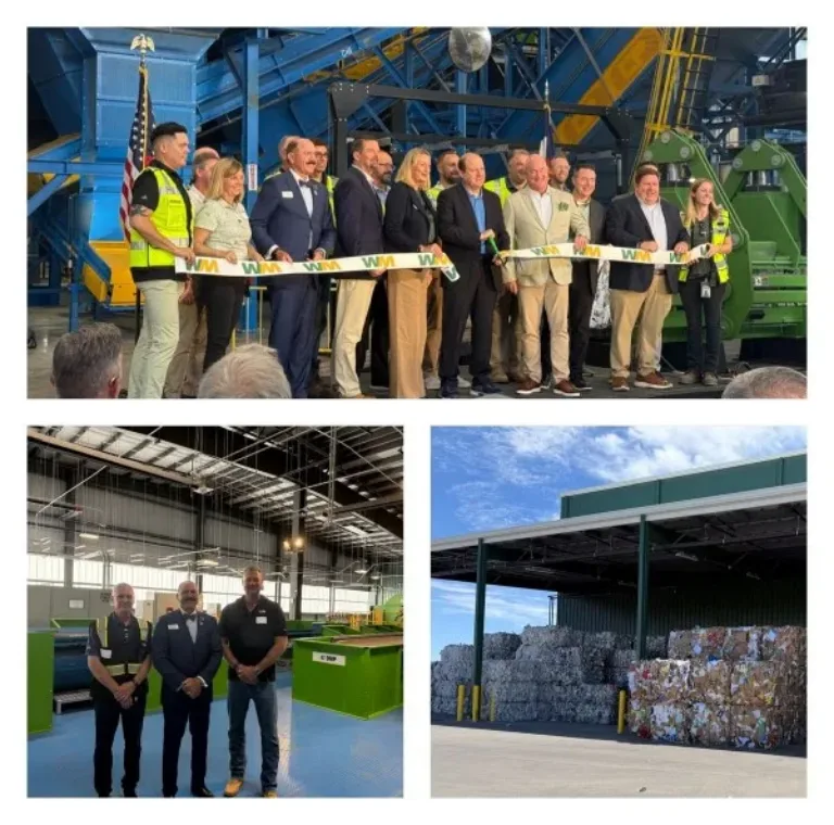 Officials cut a WM ribbon at a recycling plant; inset photos show three staff inside and outdoor stacked bales.
