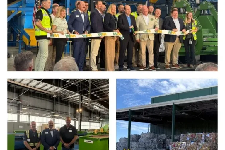 Officials cut a WM ribbon at a recycling plant; inset photos show three staff inside and outdoor stacked bales.